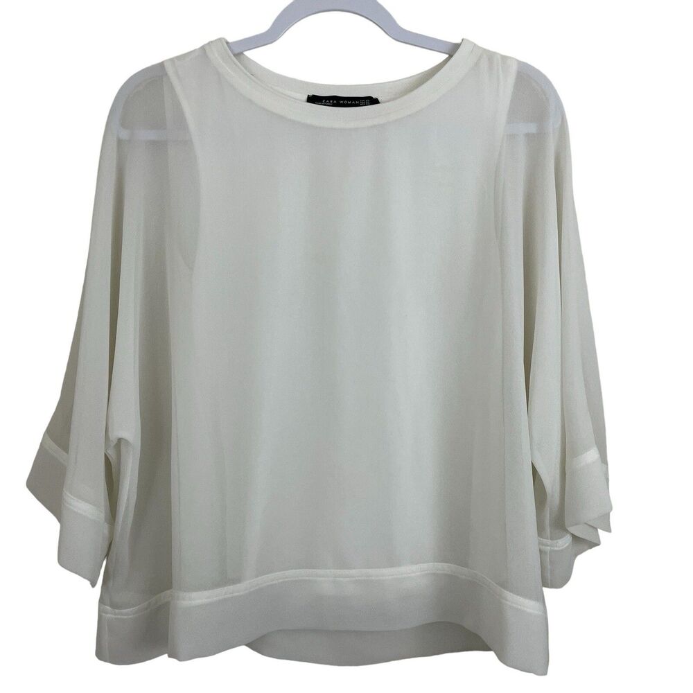 Zara Top Womens Sz XS Kimono Short Sleeves Shirt White Flowy Layered Sheer